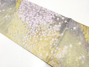 未使用品　志織製　金糸　流水に桜・楓模様織り出し　袋帯